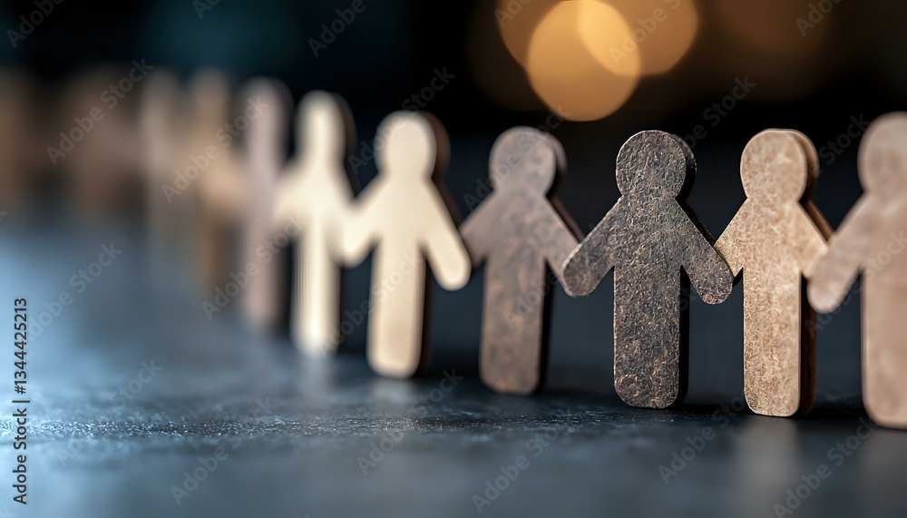 Poster wooden figures holding hands in line symbolizing unity, teamwork and community support against blurr
