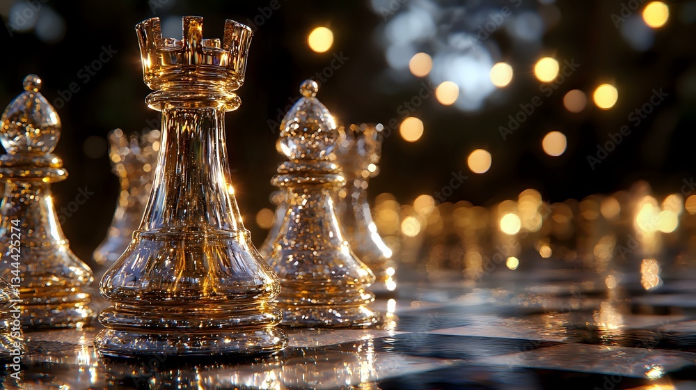 Aufkleber glass chess pieces on reflective surface with golden bokeh lights in background creating atmospheric