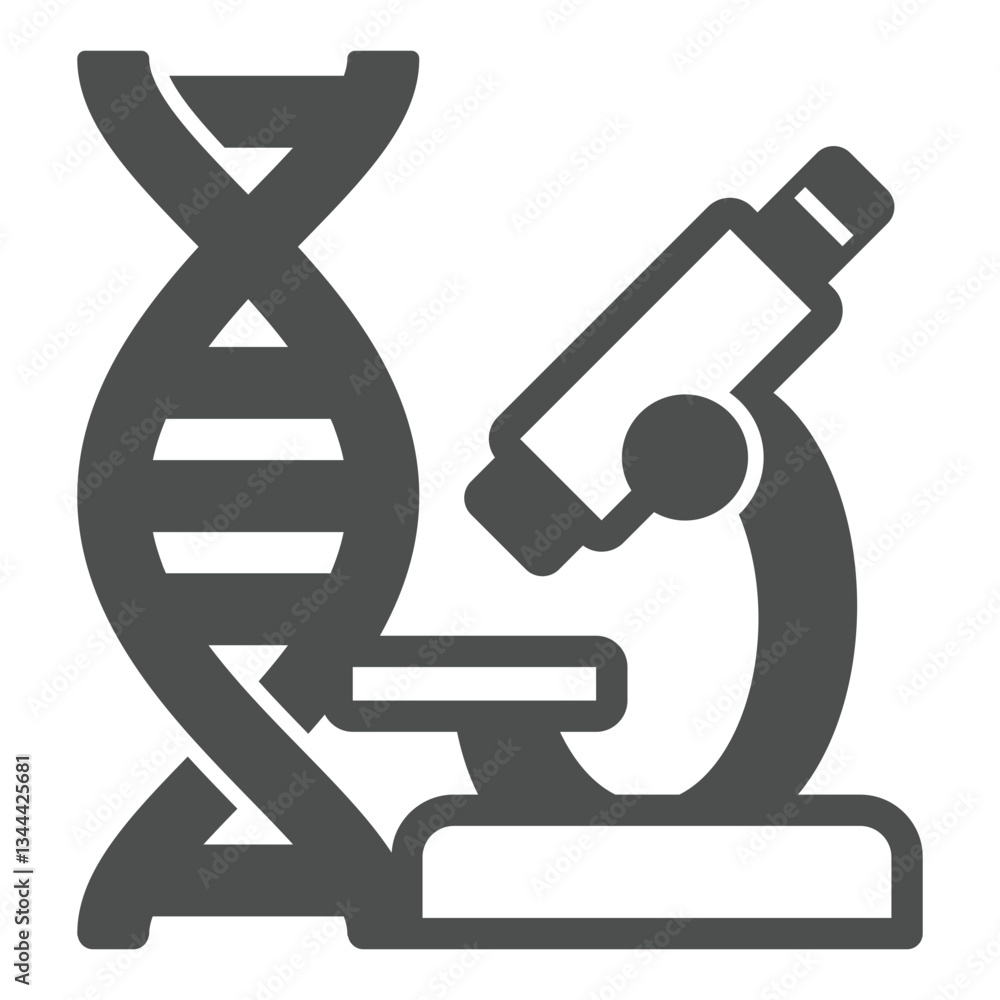 Poster microscope with dna chain solid icon, genetic research concept. vector graphics. laboratory test wit
