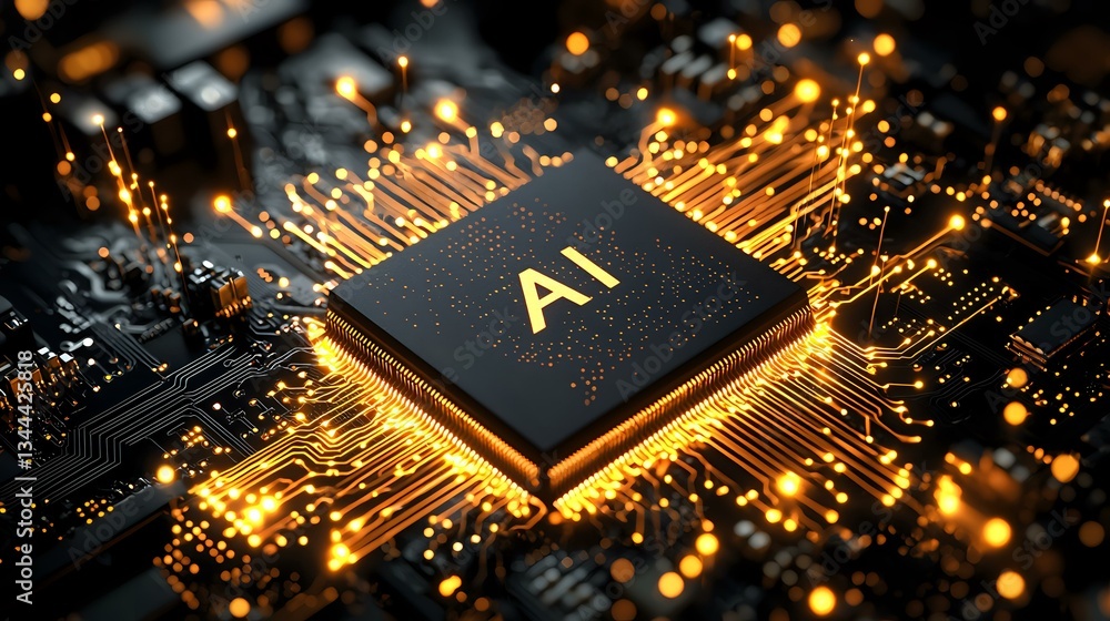 Poster glowing ai processor chip on circuit board with golden light effects and digital connections, repres