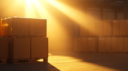 Golden Hour in the Warehouse: Stacks of Cardboard Boxes Bathed in Sunlight