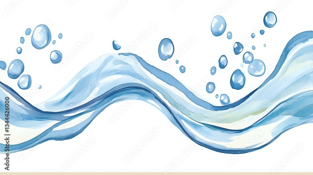 Poster flowing blue water waves with transparent bubbles on white background, abstract fluid motion design 