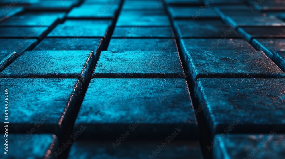 Poster glossy cubes in teal and blue are neatly arranged to create a modern tech wallpaper, shown in a 3d r