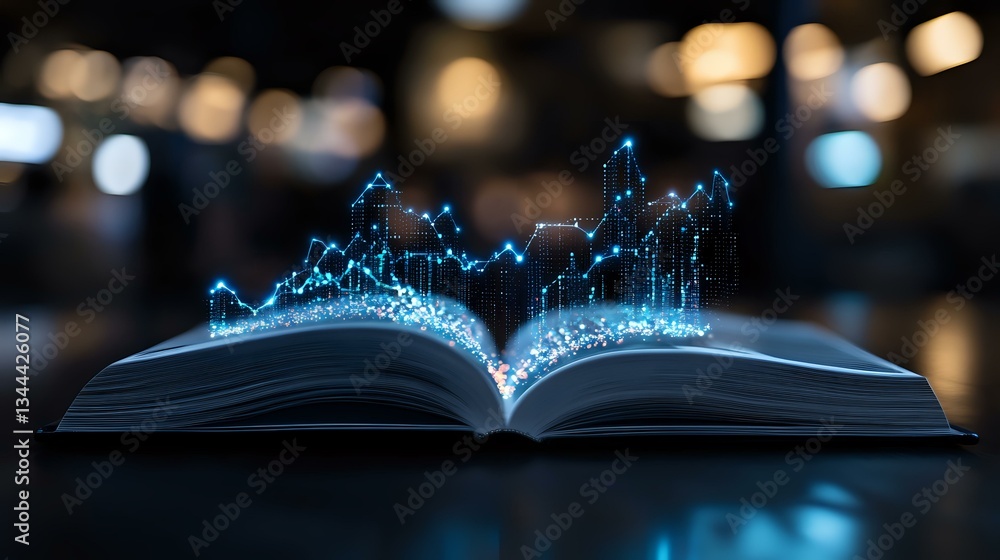 Poster glowing blue financial charts and graphs emerging from open book pages against dark background with 