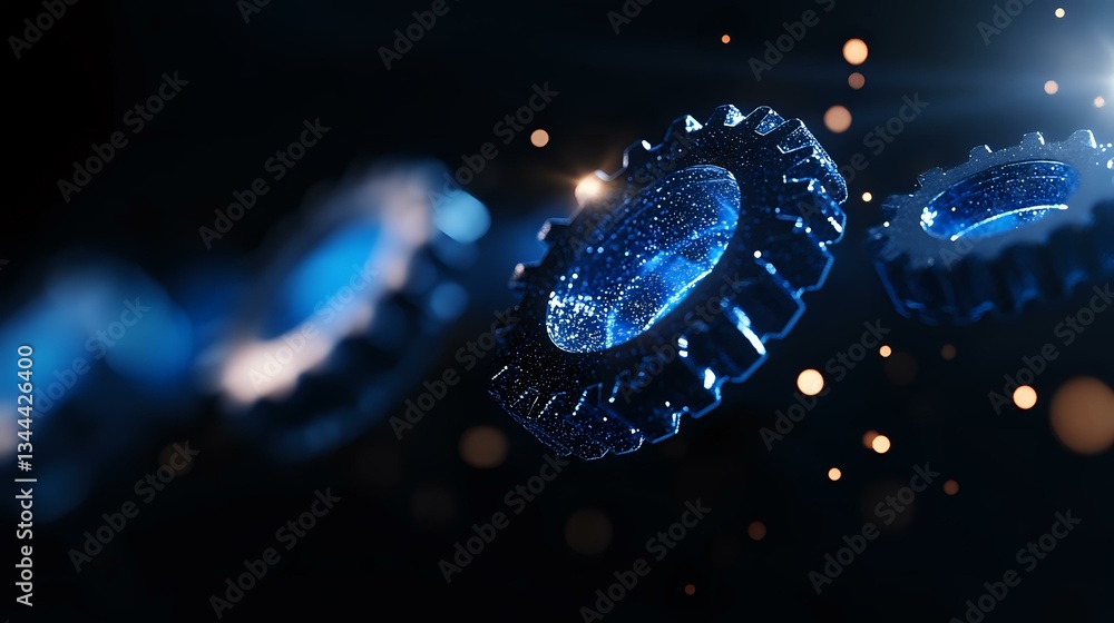 Poster glowing blue bottle caps floating in dark space with bokeh light effects create magical atmospheric 