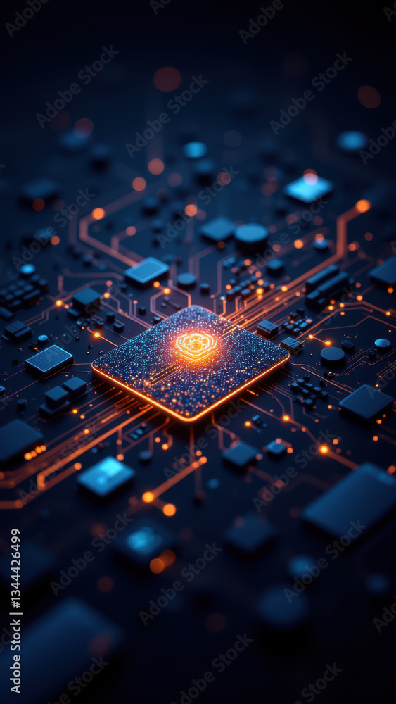 Poster close-up photograph of a computer chip with glowing orange central processing unit (cpu) core set ag