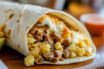 Breakfast burrito with sausage, scrambled eggs, hashbrown potatoes and cheese