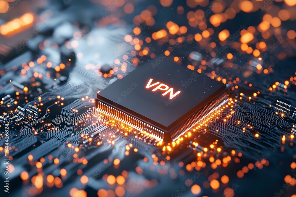 Poster microchip with glowing vpn text on circuit board with orange bokeh lights and digital connections, r