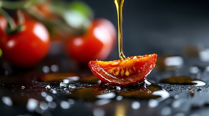 Golden olive oil stream pouring onto fresh cut cherry tomato half with water drops on dark background, macro food photography with selective focus.