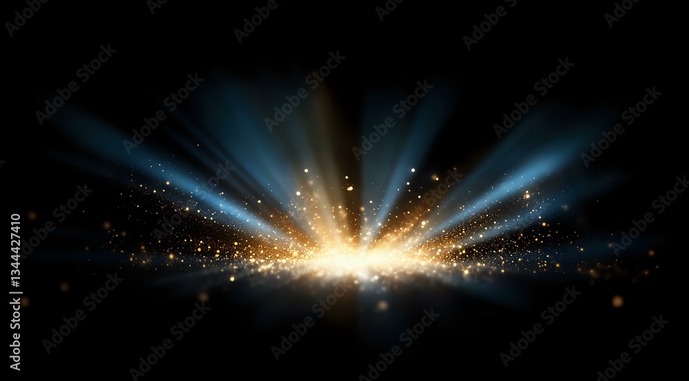 Poster magical light burst with golden sparkles and blue rays emerging from darkness, creating dramatic atm