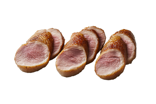 PNG cut out isolated background. Three pieces of grilled duck meat slices with a tender pink center and a crispy, seasoned outer layer.