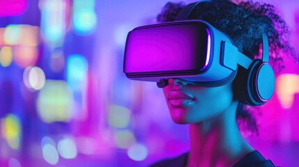 A person wearing VR goggles and headphones gazes intently, surrounded by colorful, blurred lights, immersing in a vibrant virtual reality experience.