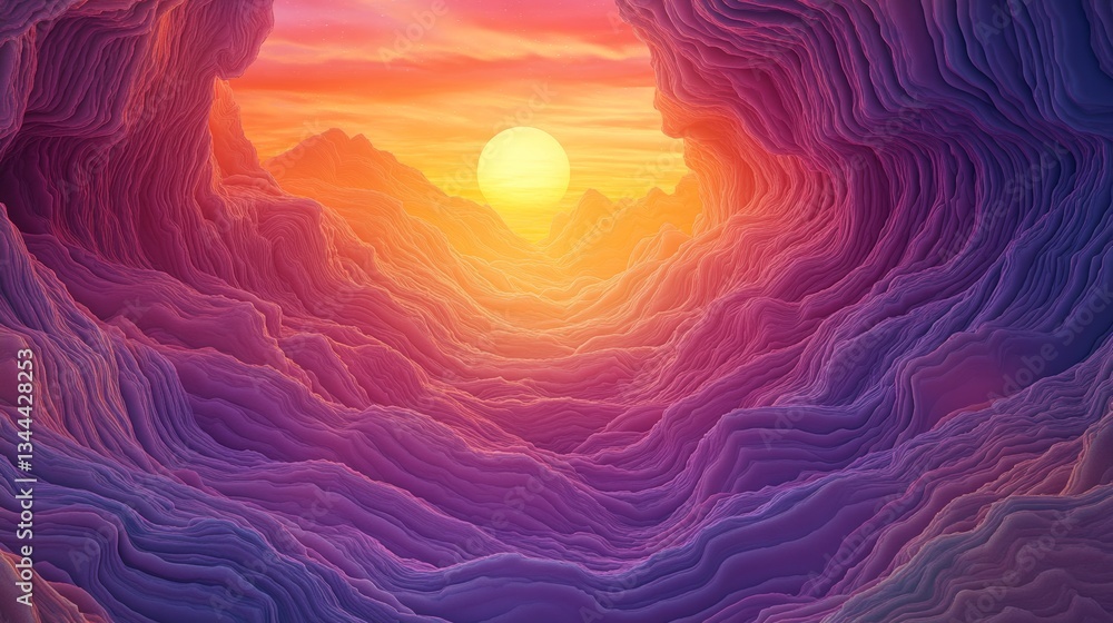 Poster the 3d rendering of a cave features undulating yellow and purple forms