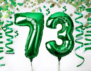 Green balloon number 73 for seventy-third birthday or anniversary party. White background with confetti