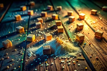 Obraz premium Surreal Still Life: Miniature Sugar Packets on Rustic Wooden Floor