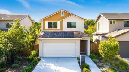 Obraz premium Modern Home with Solar Panels Surrounded by Lush Greenery