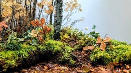 Obraz premium Lush Forest Floor with Green Moss, Delicate Leaves, and Tiny Flowers in Natural Environment