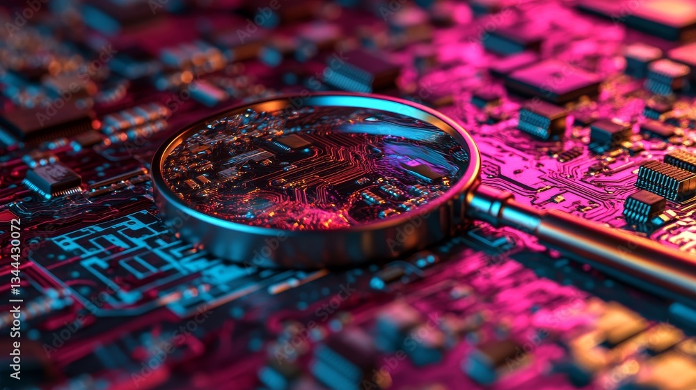 Poster the concept of search technology is illustrated by a magnifier symbol on a microchip, with white neo