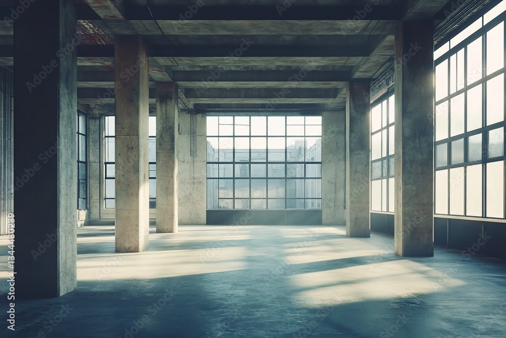 Poster sunlit empty industrial space with large windows and concrete pillars.