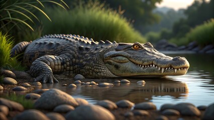 Fototapeta premium Realistic Crocodile Lying by the Water's Edge in Lush Green Environment Captured in Stunning Detail