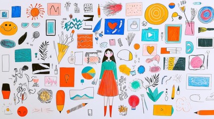 Colorful illustration of a woman surrounded by various creative elements and patterns.
