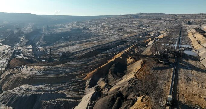 Aerial view of the open pit lignite mines of Hambach in Rhineland-Palatinate, Germany on a sunny day