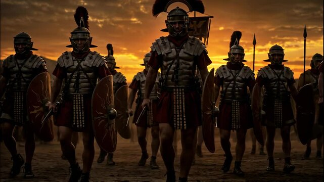 AI illustration of the Roman soldiers marching in the desert, heading to the battlefield at sunset