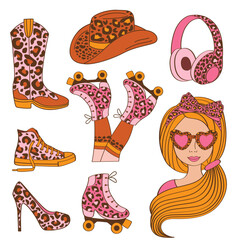 set of isolated girl, leopard shoes,  cowboy hat, headphones