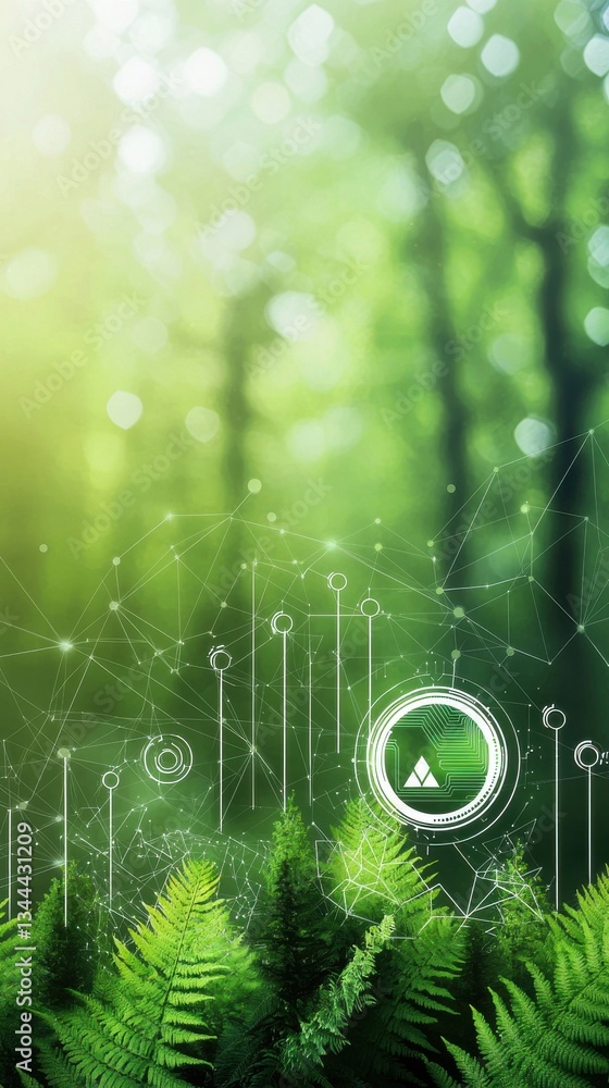 Aufkleber green forest background with digital elements and abstract patterns