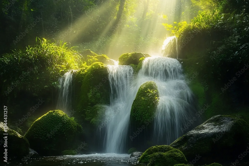 Poster sunbeams illuminate a serene waterfall cascading over moss-covered rocks in a lush forest.