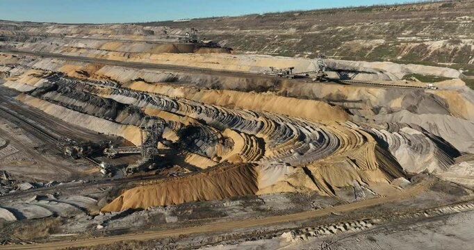 Drone shot of the open pit lignite mines of Hambach in Rhineland-Palatinate, Germany on a sunny day