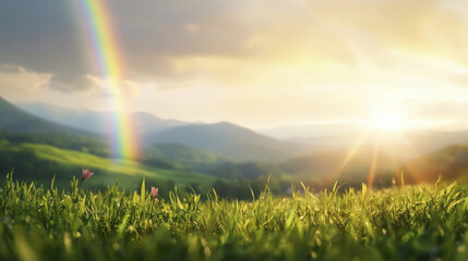 Naklejka premium vibrant rainbow arches over lush green landscape, illuminated by warm sunset. scene evokes sense of peace and tranquility