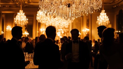 Obraz premium Silhouetted guests in elegant attire mingle under opulent chandeliers, creating a sophisticated and enchanting atmosphere at an upscale soirÃ©e. . --