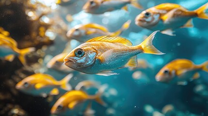 Fototapeta premium School of vibrant yellow fish swimming gracefully in clear blue ocean waters