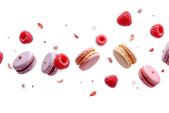A dynamic, high-speed shot of flying raspberries and macarons, frozen in mid-air against a pure white or transparent background. The raspberries appear fresh, plump, and slightly dewy, while the macar