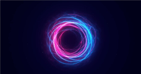 Abstract technology cyberspace concept blue and pink neon colors light swirl lines circle shape on dark background. Vector illustration