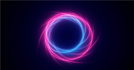 Abstract technology cyberspace concept blue and pink neon colors light swirl lines circle shape on dark background. Vector illustration