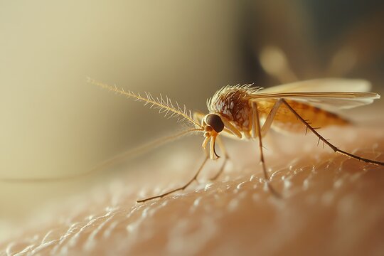 A close-up of a mosquito on skin, highlighting its tiny wings and long legs as it delicately and smugly sips