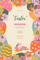 Easter background for sale promotions, social media, greeting cards, posters, holiday covers. Trendy design with typography, hand drawn flowers, eggs and bunny, in vibrant colors. Vector illustration.