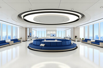 Obraz premium Modern office waiting area with circular seating, city views, and a sleek design. Ideal for corporate or business settings.
