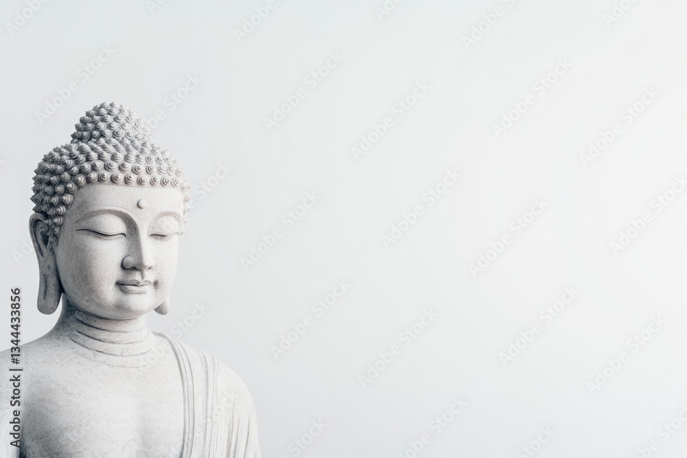 Poster capture serene buddha statue on pristine white background highlighting statue tranquil expression an