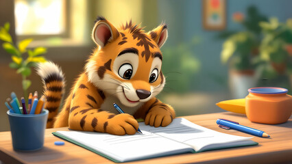Cute cartoon character reading and learning from a book