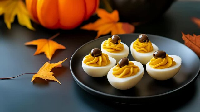 Festive deviled eggs with autumn decorations perfect for Halloween or Thanksgiving celebrations