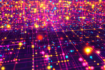 Obraz premium Abstract vibrant network background. Digital data flow, glowing nodes and connections. Perfect for technology, AI, and connectivity concepts.