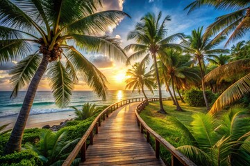 Obraz premium Surreal Wooden Path to Tropical Beach Paradise: Sun, Palms, and Dreamscape