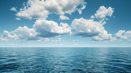 Obraz premium A vast, calm ocean reflecting the sky, with large, fluffy clouds on the horizon.