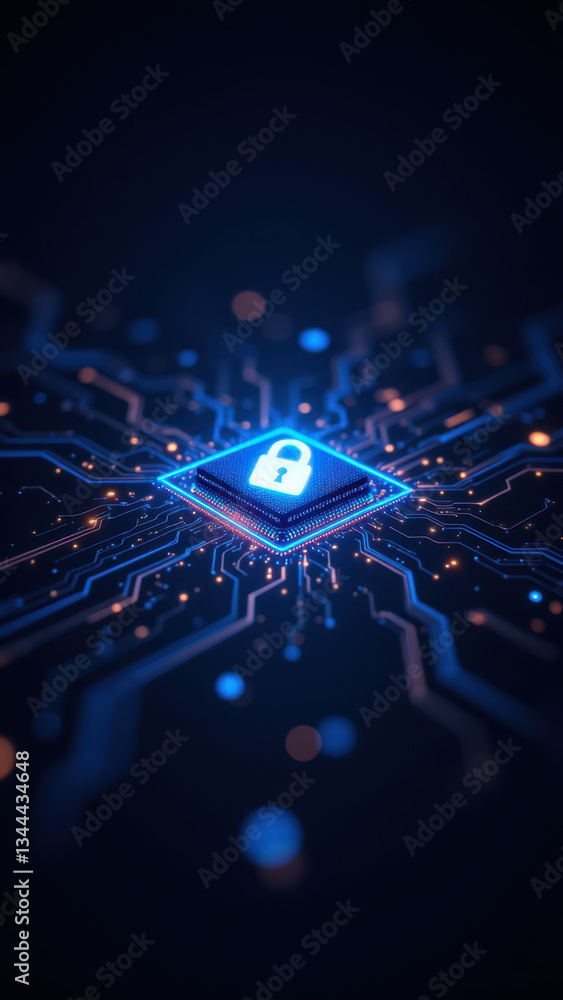 Aufkleber cybersecurity with a lock on top of a digital circuit board background.