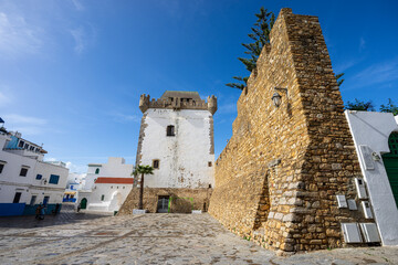 Al-Kamra tower, 1505, ancient Portuguese fortification and wall, Ibn Khaldoun Square. Asilah,...