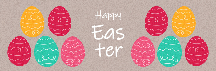 Happy Easter cards and horizontal banner with bright Easter eggs. Easter poster, cover, label template.