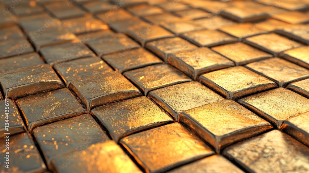 Poster rectangular tiles are arranged to form a 3d wall with a polished gold block background, presented as